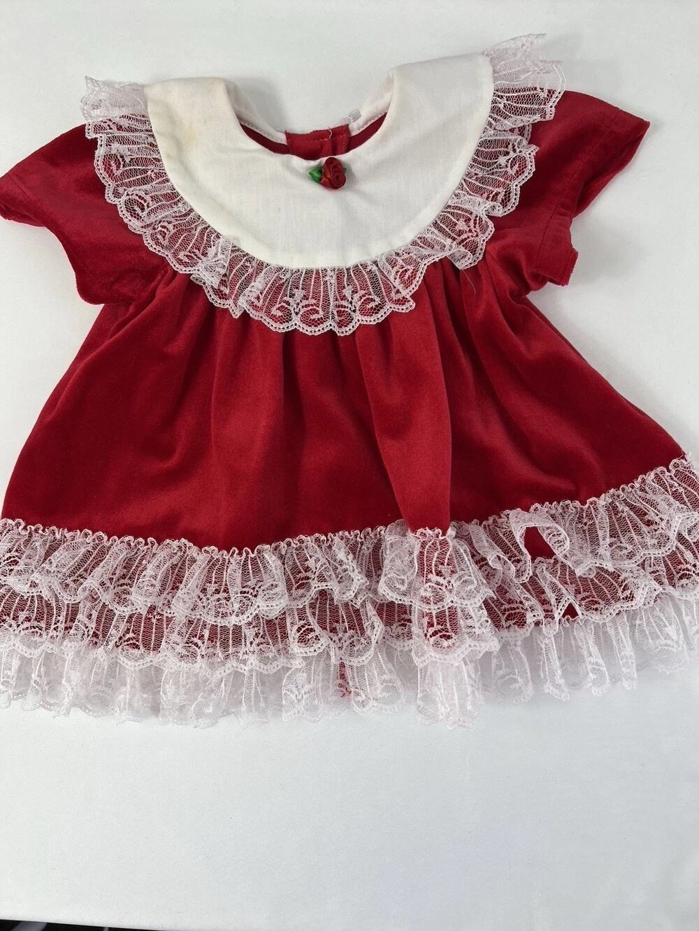 Vintage Red Velvet Baby Dress Lace Trim USA 18M Cutest One